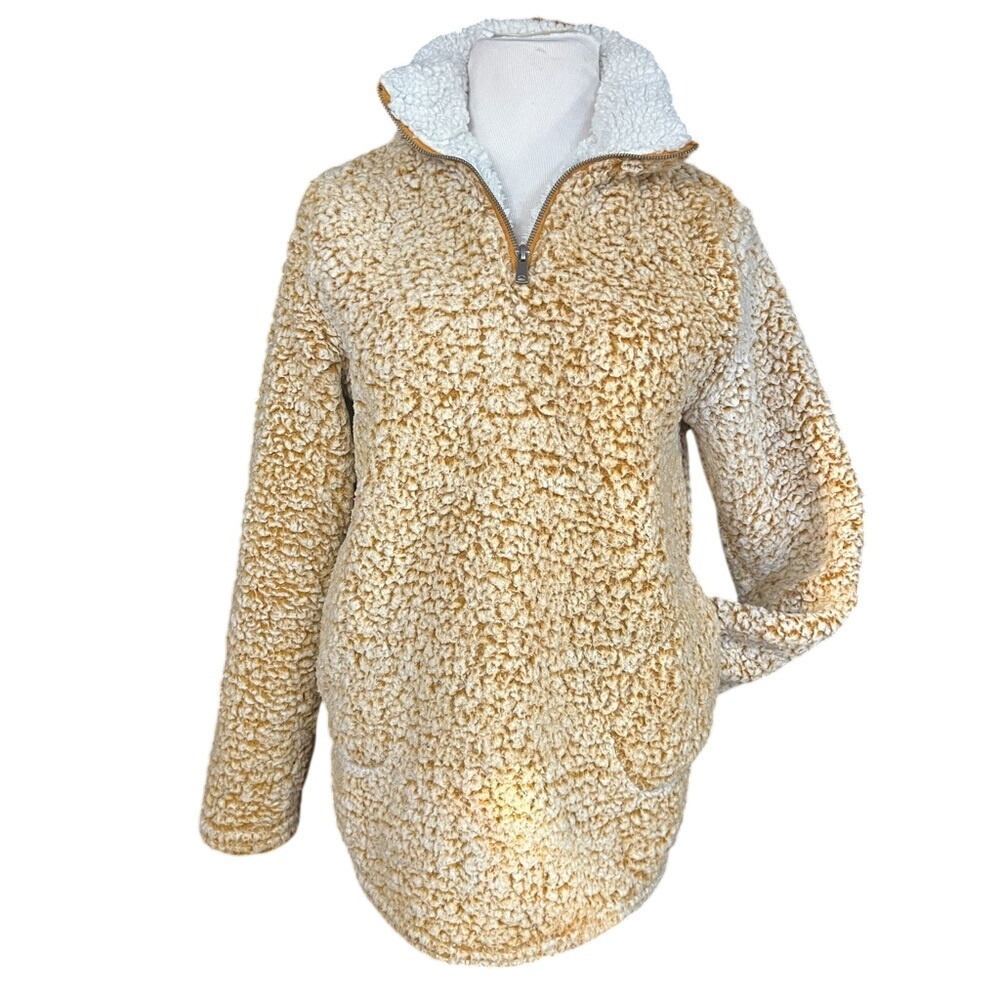Love Tree Mustard Yellow Sherpa‎ Fleece Quarter Zip Pullover Sweater Womens SZ M
